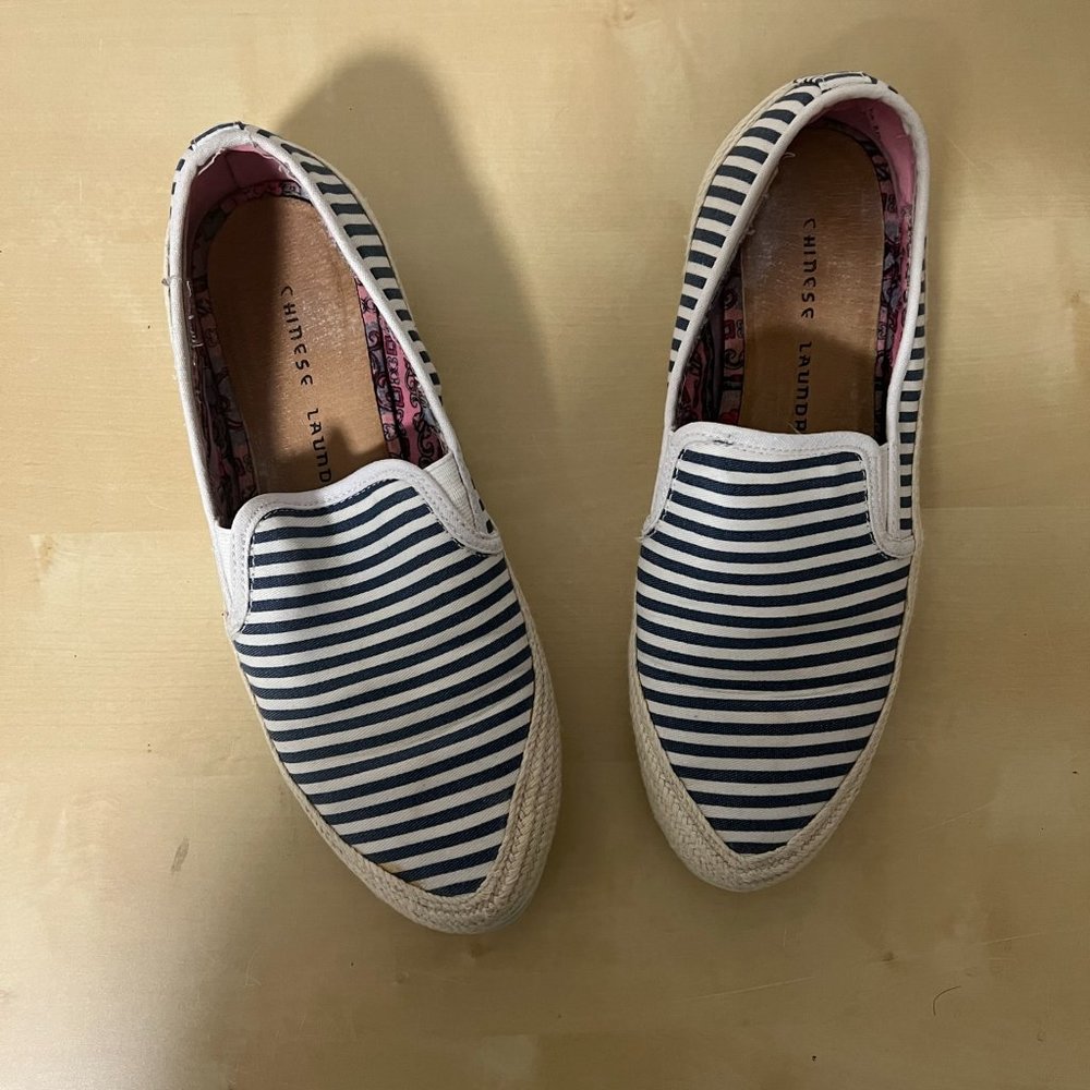 Chinese Laundry Navy and White Striped Espadrille Slip On Shoes - Size 8.5